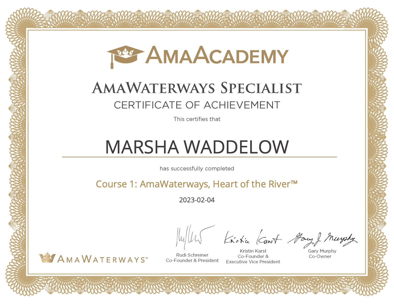 AmaAcademy Specialist certificate of achievement awarded to Marsha Waddelow, 2023
