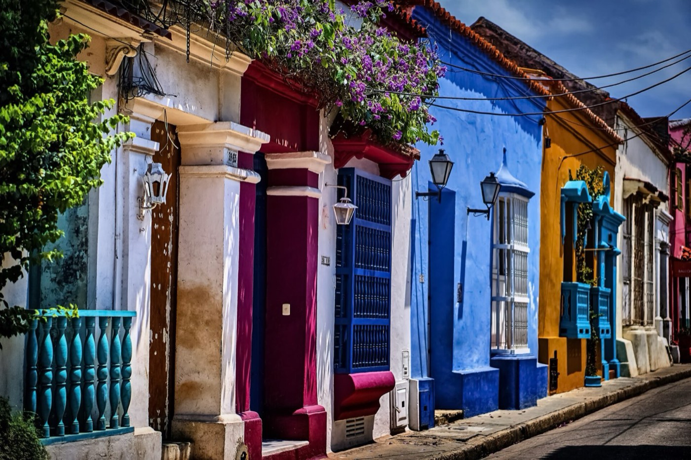 Colorful balconies on a street in Cartagena